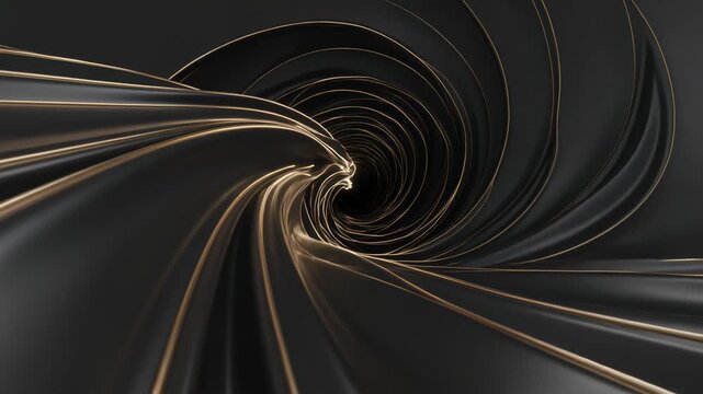 Frame progression driving glossy black ribbon curling into dark spiral tunnel with gold seams