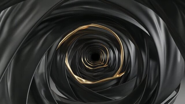 Pulling camera, abstract spiraling tunnel rotating toward center aperture in studio, with gold rim