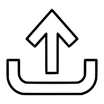 Hand-drawn minimalist vector icon illustration of upload arrow over tray with clean line outline direction symbol scalable black artwork for web app interface button technology graphic design