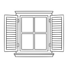 Hand-traced minimalist vector illustration of a classic open shuttered window with four glass panes showcasing elegant line outline art in clean scalable format for architecture design © MdAshraful