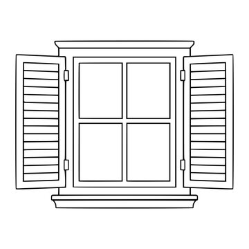 Hand-traced minimalist vector illustration of a classic open shuttered window with four glass panes showcasing elegant line outline art in clean scalable format for architecture design