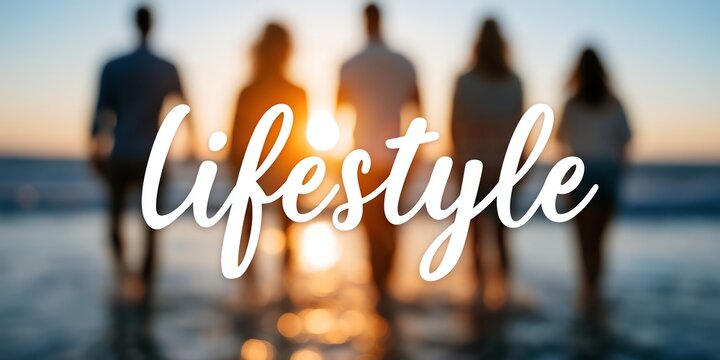 Silhouetted people walking along a serene beach at sunset, captured with the word 'lifestyle' overlaid, symbolizing freedom, happiness, and connection with nature in a peaceful set