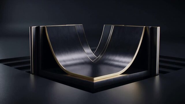 Activating black panels with gold trim folding, curving and compressing to form concavity on floor