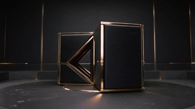 Platform rotation starting, black-and-gold cuboid rotating, unfolding triangle frame on dark stage