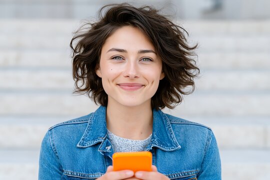 Smiling woman in denim jacket holding orange smartphone while sitting on steps. Bright day outdoor scene highlighting casual style and connectivity.