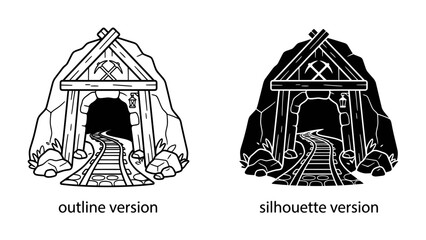 Mine Entrance: A striking graphic resource depicting the entrance to a mine, available in both outline and silhouette versions, featuring a wooden structure, arched gateway, tracks. © Ajm