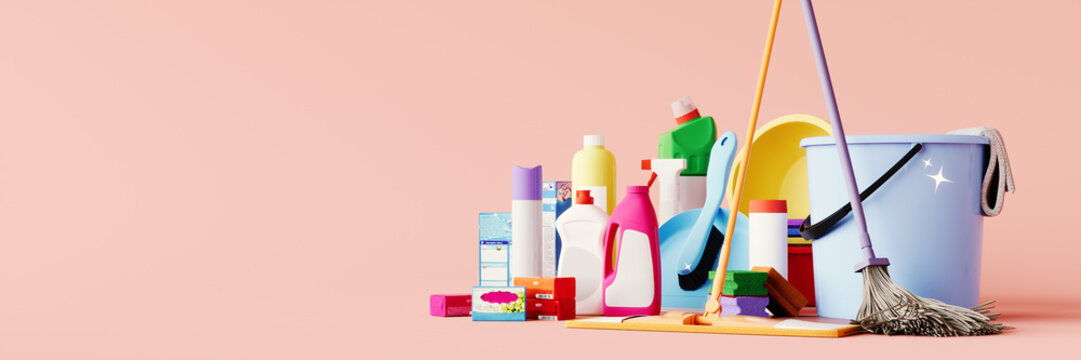 Household cleaning products on pink background with copy space. Cleaning concept banner design. 3D Rendering, 3D Illustration
