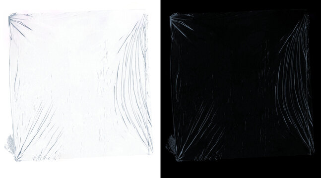 Transparent plastic wrap texture on white and black background, wrinkled cellophane film overlay, clear polyethylene stretch wrap for packaging
