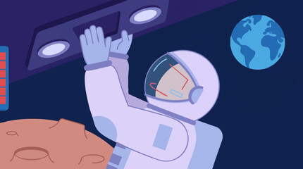 Illustration of astronaut in space near controls with Earth visible © RARIF