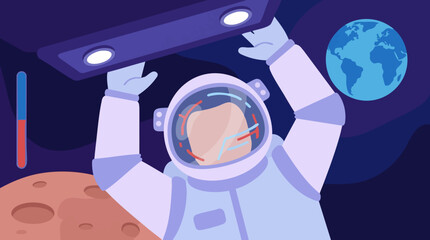 Astronaut in spacesuit working in space with Earth and Mars planets © RARIF