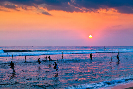 Silhouettes of traditional stilt fishermen at sunset along the shoreline near Galle in Sri Lanka