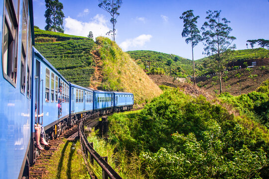 Train travels through tea plantations in the highlands of Sri Lanka with scenic views and lush green hills