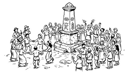 Obraz premium Ancient Community Dancing Around Stone Monument, Celebration Illustration