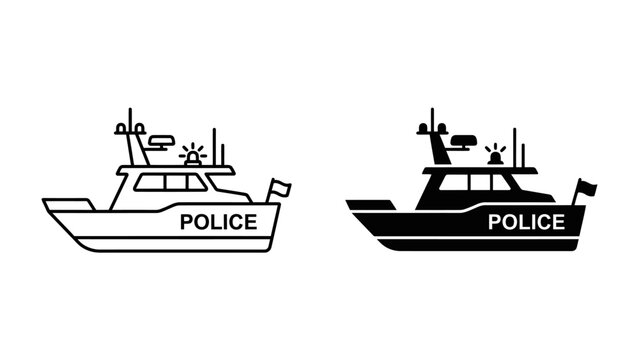 Police Boat Icon Set: Two stylized icons, one line art and one silhouette, depict a police boat with POLICE clearly marked, symbolizing law enforcement on water.