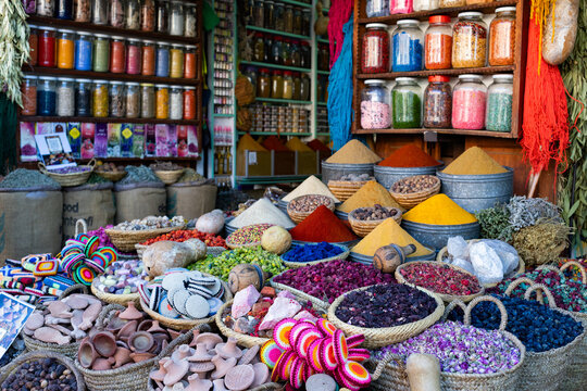 Souvenirs and spices at the market in Marrakesh, showcasing diverse colors and textures in old Medina