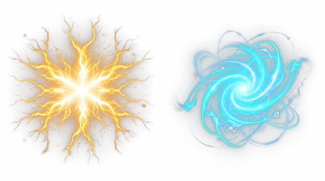 Golden electric lightning discharge and blue swirling energy vortex particles on transparent background design set featuring magical power effects with luminous lines and radiant sparks flow.