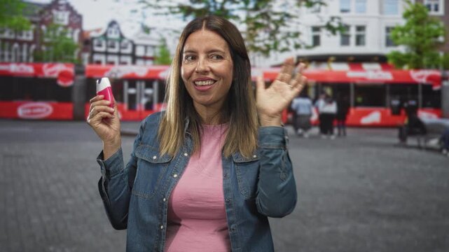 Woman holds toothpaste in hand, smiling broadly with palm raised on a busy street; oral hygiene confidence.