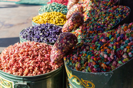 Colorful spices and souvenirs in fragrant market stalls of Marrakesh
