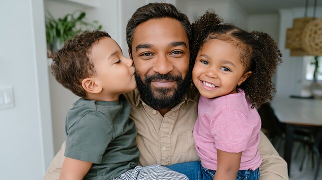 A joyful father with his two children, a son and daughter, smiling together at home. Capturing the essence of family love, bonding, and happiness in a cozy living room setting.