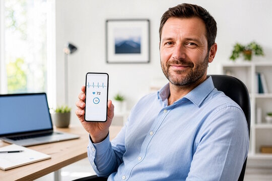 Man showing smartphone health app displaying heart rate data in home office, concept of digital health monitoring