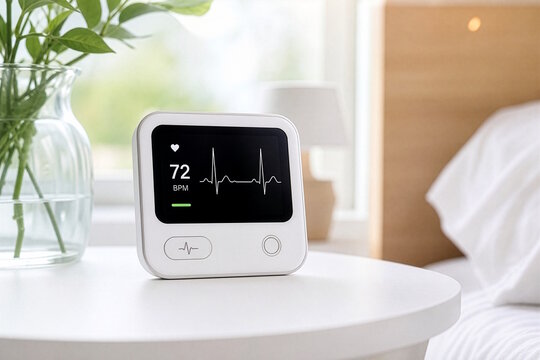 Smart heart rate monitor device on bedside table displaying ECG reading, concept of home health monitoring technology