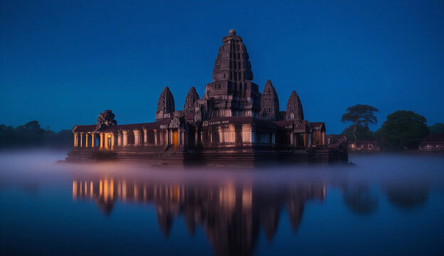 A foggy night scene featuring a brightly lit temple, evoking a sense of tranquility and mystery.