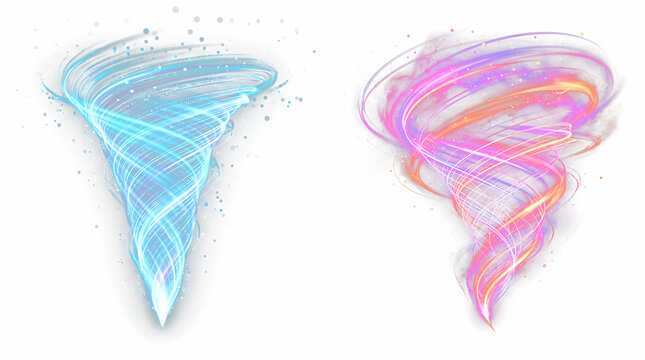Dynamic duo of swirling energy tornadoes featuring luminous blue particles and vibrant multi colored fire vortex isolated on transparent background for immersive visual gaming environment effects.