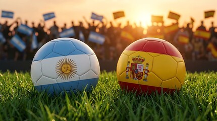 Obraz premium Two professional soccer balls featuring national flag designs of argentina and spain resting together on vibrant green stadium turf under bright illuminated floodlights in wide view.
