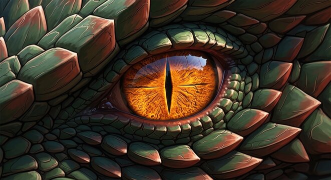 Amber dragon eye set in green textured skin.