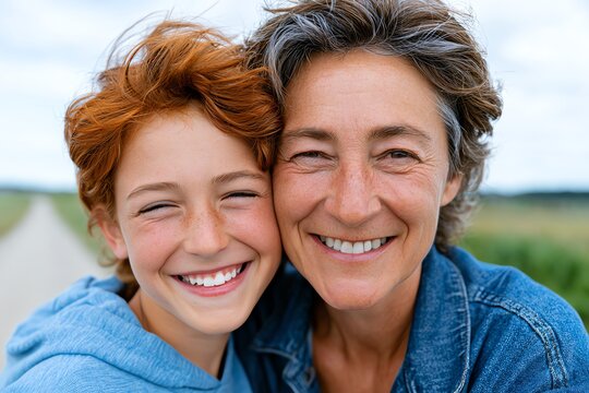 A joyful portrait of a smiling mature woman and a young girl embracing, highlighting happiness and connection on a sunny day outdoors.
