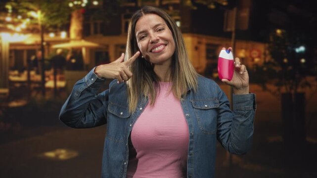 Hispanic middle age woman points finger to cheek while holding a tube of toothpaste and smiling on street cafe at night; oral health confidence.