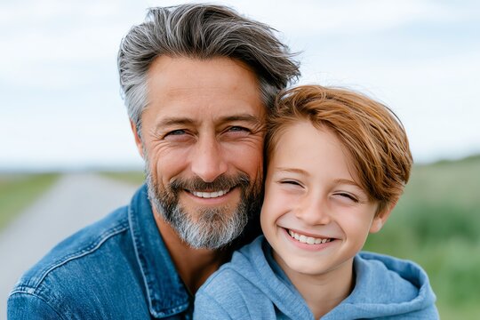 Happy father and son bonding outdoors. Smiling man with gray hair and his young son enjoying time together in a natural setting. Family, joy, togetherness.