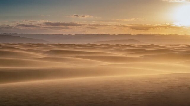 Desert plain time-lapse dust drifting gently light intensifying gradually warm cinematic landscape view