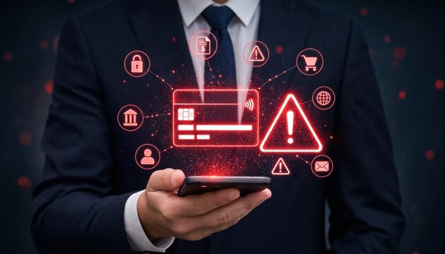 Online payment fraud detection and cybersecurity threat alert concept person using smartphone, blocked credit card transaction warning and digital banking security system to prevent financial scam.
