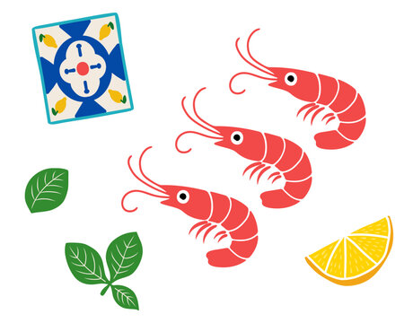 Mediterranean seafood composition with three shrimp, leafy herbs, a lemon wedge and a small ceramic tile, celebrating coastal flavors and joyful summer dining. Vector illustration.