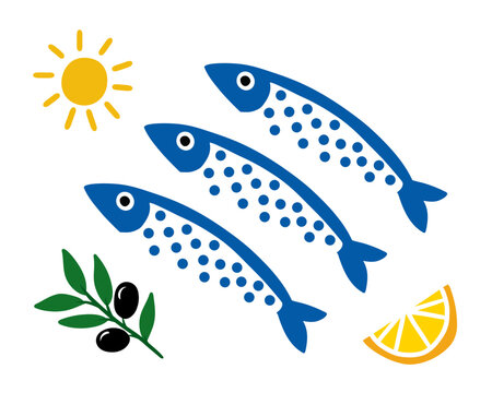 Hand drawn Mediterranean seafood composition with three sardines beneath the sun, accompanied by an olive branch and lemon wedge, celebrating coastal summer cuisine. Vector illustration.