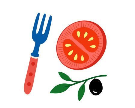 Mediterranean food composition with a sliced tomato beside a table fork and an olive branch, celebrating fresh summer cuisine, healthy ingredients and rustic dining. Vector illustration.