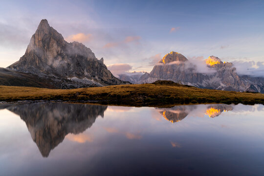 Giaupass views at sunset in autumn season in Cortina d Ampezzo province of Belluno, Veneto, Italy