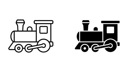 Two train icons, one line art and one solid black silhouette, showcasing a classic locomotive design. © afra
