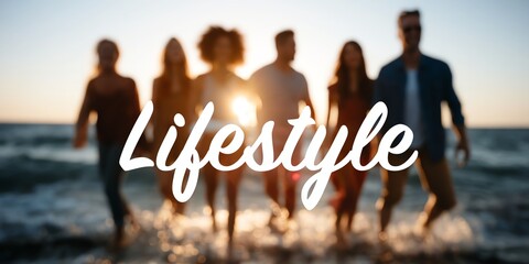 Group of friends enjoying a sunset on the beach, walking through waves, symbolizing freedom and joy in a relaxed lifestyle with sunshine and friendship. © Tondone