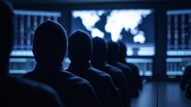 AI driven operations, A group of hooded figures faces multiple digital screens displaying data and a world map in a darkened room, suggesting a cyber or hacking environment.