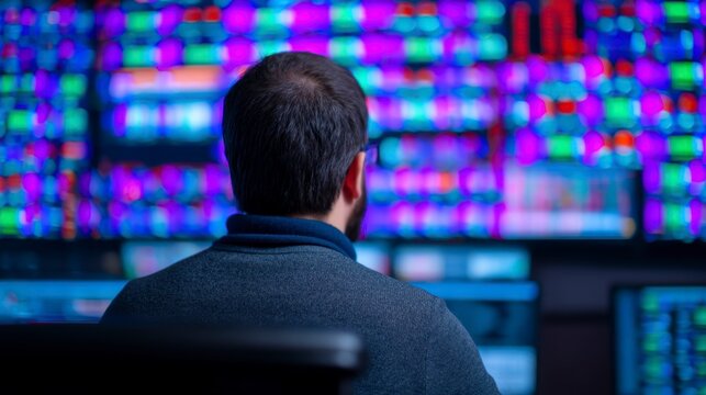 AI driven operations, A man monitors multiple colorful digital screens, likely analyzing data or managing a control room environment.