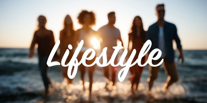 Group of friends enjoying a sunset on the beach, walking through waves, symbolizing freedom and joy in a relaxed lifestyle with sunshine and friendship.