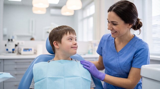 Pediatric dentist interacts with young boy with Down syndrome in dental office, bright and modern clinic environment with dental equipment visible