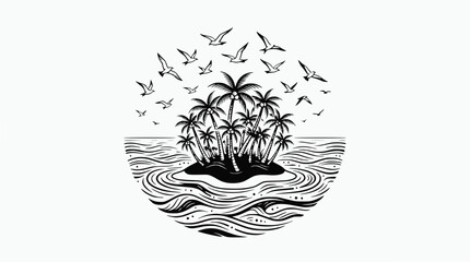 Tropical Island Paradise with Palm Trees, Ocean Waves, and Flying Seagulls - Black and White Illustration © illustration