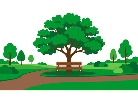 vector Serene park scene with a large oak tree and wooden bench along a winding path surrounded by lush green foliage and smaller trees Isolated on transparent background