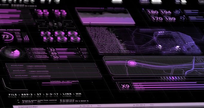 A futuristic purple HUD interface displays a scanned 3D truck, route maps, graphs, and streaming data at an angle.