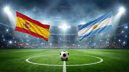 Obraz premium Spain vs argentina football match banner representing international soccer competition featuring flags in crowded stadium arena under bright evening lights with grass pitch and central ball.