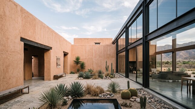 Modern Desert Courtyard with Native Cacti and Minimalist Architecture