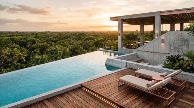 Luxury Infinity Pool Overlooking Jungle Canopy at Sunset